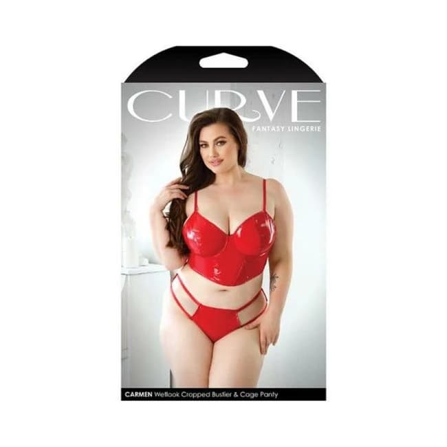 Curve Carmen Wetlook Cropped Bustier & Matching Cage Panty 3x/4x Red, image 1