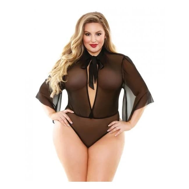 Curve Celine Collared Bodysuit Tie Neck Black 1x/2x, image 1
