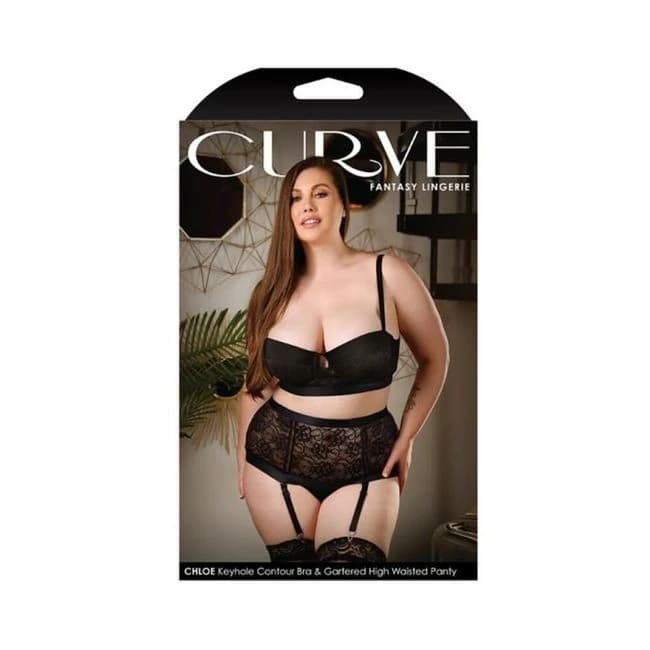 Curve Chloe Keyhole Contour Bra & Gartered High Waisted Panty Black 3x/4x, image 1