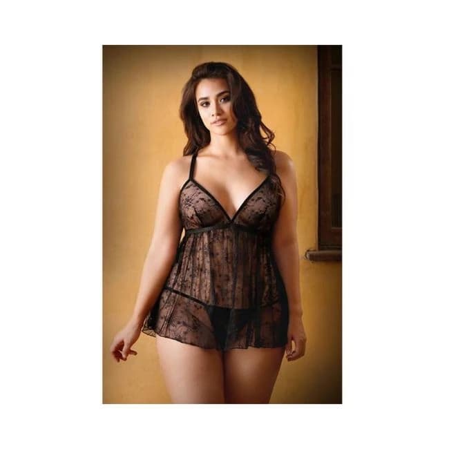 Curve Elena Lace Babydoll with Criss Cross Back Detail and Matching Panty 3x/4x Black, image 1