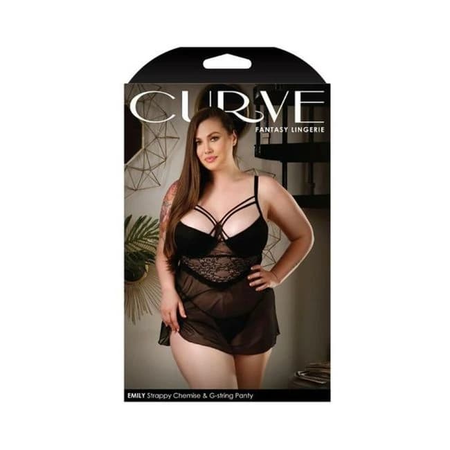Curve Emily Strappy Chemise with Molded Cups & G-String Black 3x/4x, image 1