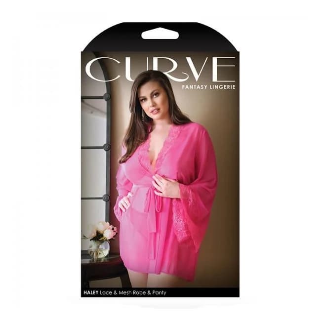 Curve Haley Lace & Mesh Robe & Panty Hot Pink 1x/2x, image 1
