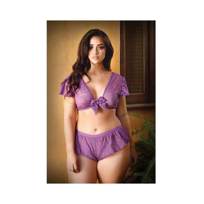 Curve Kate Lace Tie Front Crop Top with Matching Tap Panty 3x/4x Amethyst, image 1