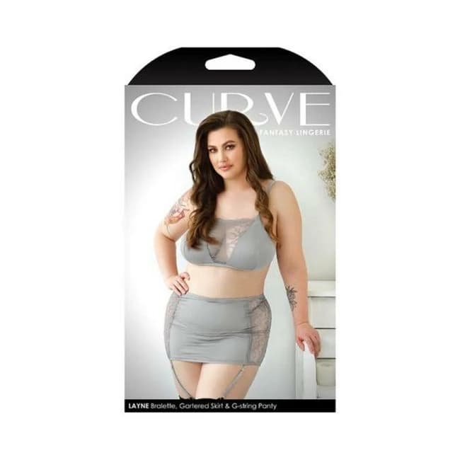 Curve Layne Lace Panel Bralette, Matching Gartered Skirt & G-String Panty 3x/4x Gray, image 1