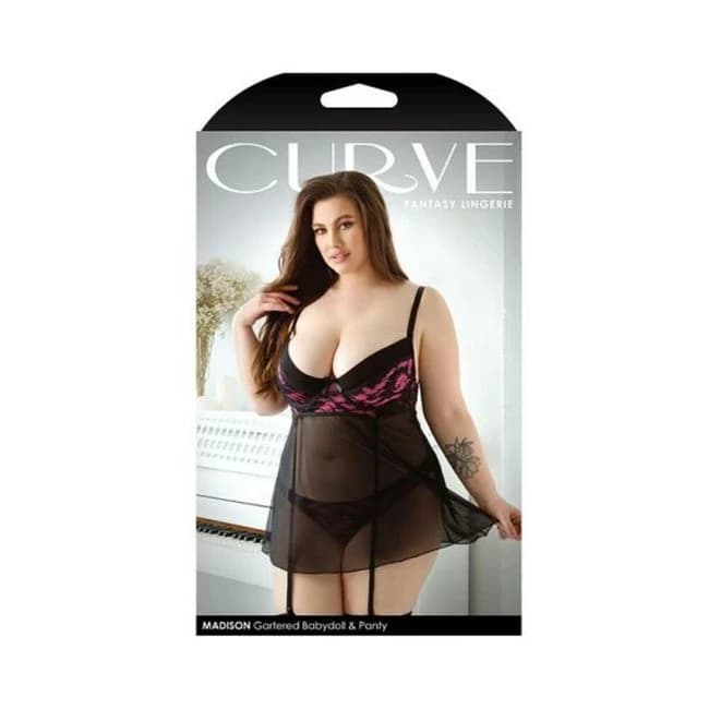 Curve Madison Gartered Lace and Mesh Babydoll with Underwire Cups & Matching Panty 3x/4x Black/pink, image 1