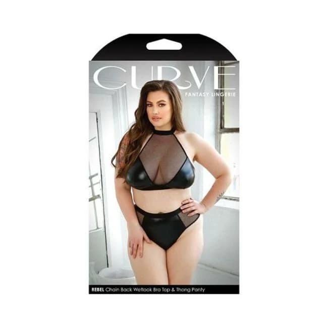 Curve Rebel Chain Back Wetlook Bra Top & Matching Thong Panty 3x/4x Black, image 1