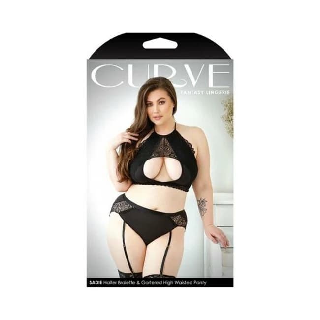 Curve Sadie Halter Bralette with Keyhole Cutout & Matching Gartered High-Waisted Panty 3x/4x Black, image 1