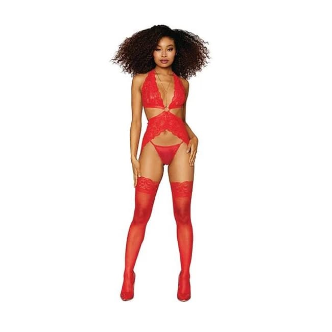 (d) Lace Garter Slip Set W/ Go Hardware Lipstick Red O/s - Image 1
