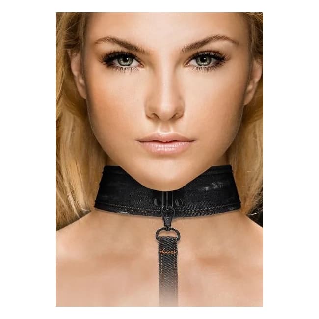 Denim Collar - with Leash - Roughend Denim Style - Black, image 1