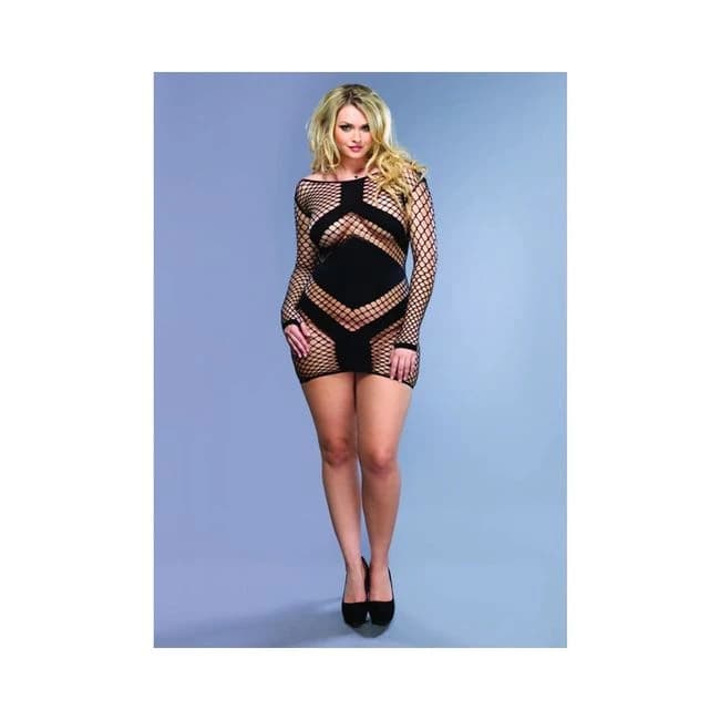 Diamond Net Long Sleeve Mini Dress Opaque Panels Plus Size Black, image 1