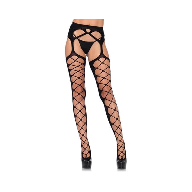 Diamond Net Opaque Stockings with Attached Garter Belt O/S Black, image 1