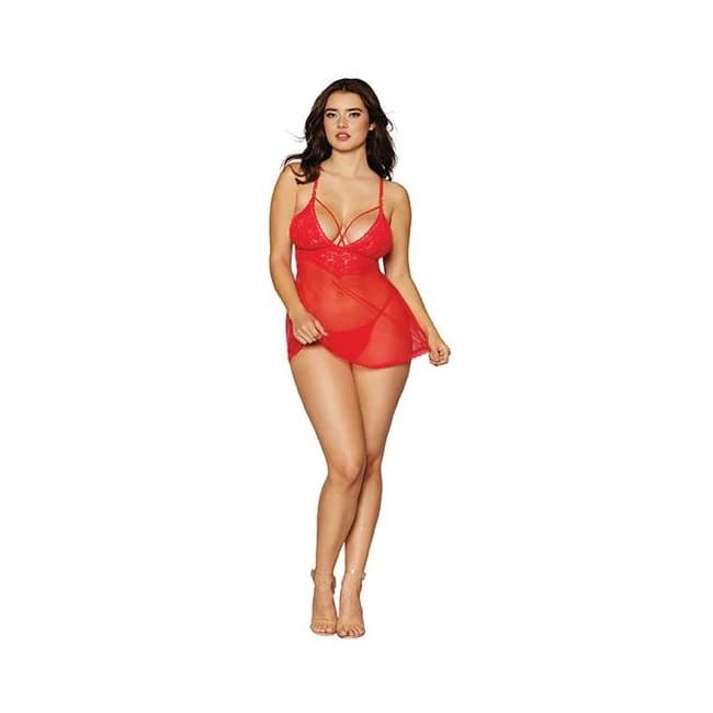 Lace & Mesh Babydoll & G- String Set Lipstick, image 1