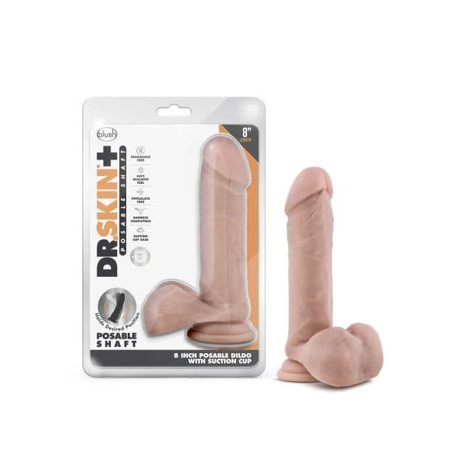 DR SKIN PLUS 8IN POSABLE DILDO W/ BALLS VANILLA - Image 1