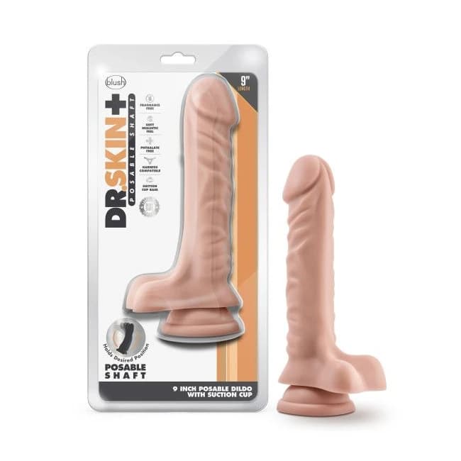 DR SKIN PLUS 9IN POSABLE DILDO W/ BALLS VANILLA - Image 1