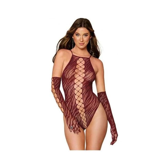 Dreamgirl Animal Print Fishnet High-Neck Teddy & Gloves Set Burgundy O/S, image 1
