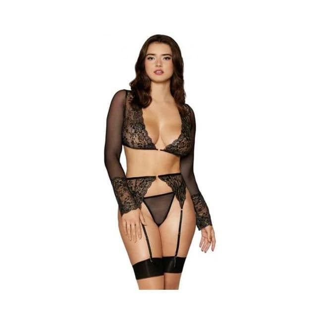 Dreamgirl Bralette, Garter Belt, G String Set Black L Hanging, image 1