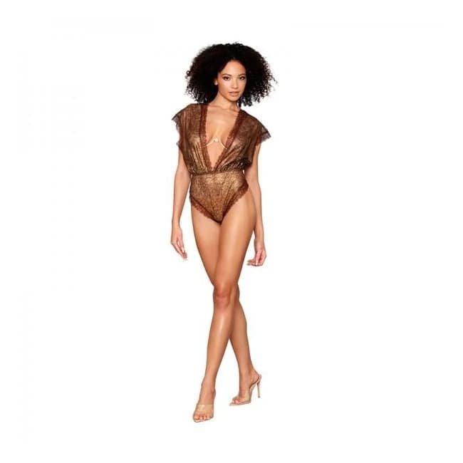 Dreamgirl Delicate Gold-Foil Lace Blouson Teddy & Rhinestone Metal Underwire Bra Set, image 1