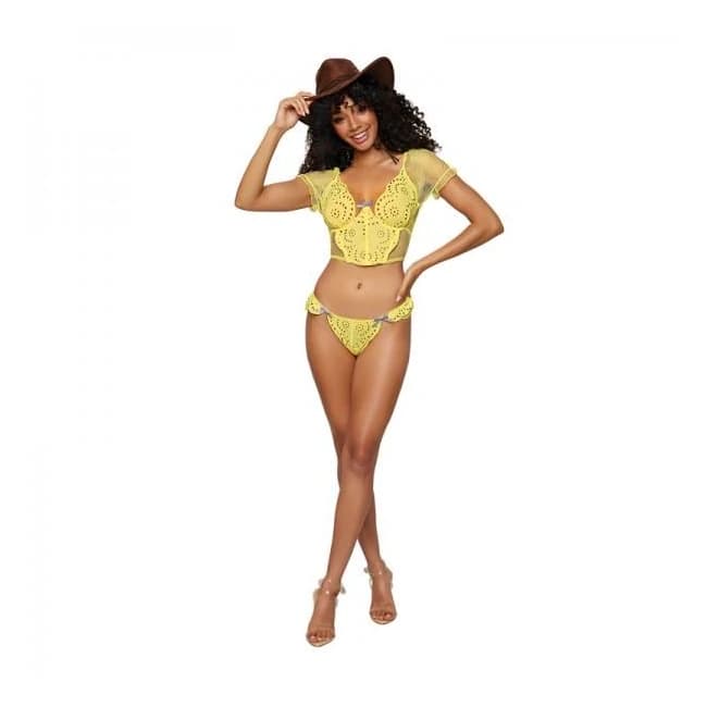 Dreamgirl Embroidered Eyelet Band and Stretch Fishnet Bustier and G-String Set Citrus, image 1