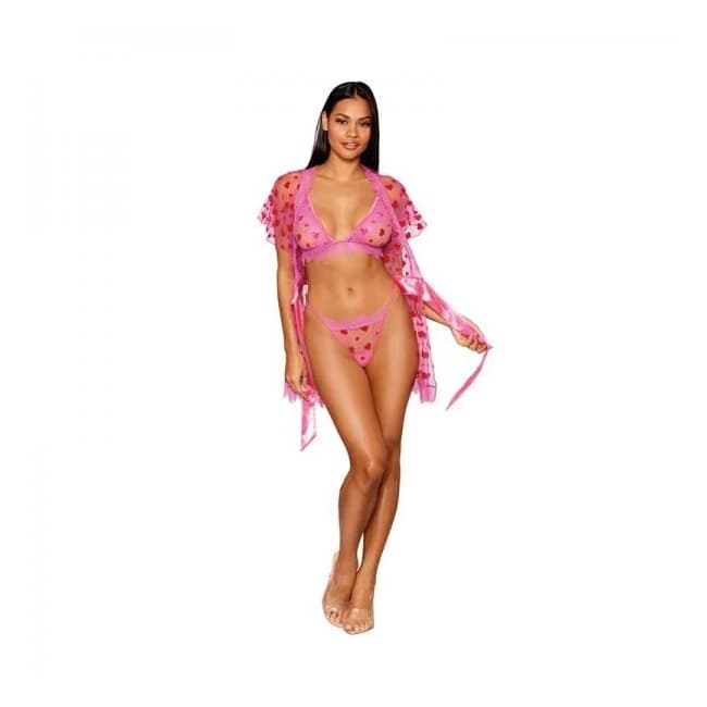 Dreamgirl Flocked Heart Mesh and Eyelash Lace Robe, Bralette, and G-String Set Peony, image 1