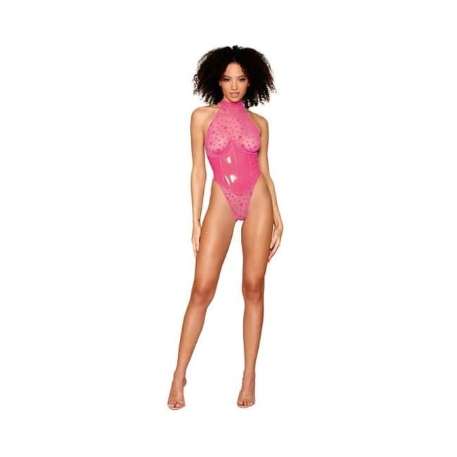 Dreamgirl Flocked Heart Stretch Mesh and Stretch Vinyl Halter Teddy Peony, image 1
