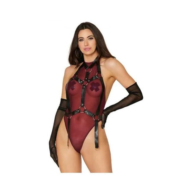 Dreamgirl High-Neck Mesh Teddy & Garter Body Harness Burgundy Black, image 1