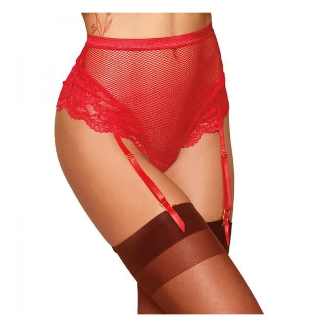 Dreamgirl High-Waisted Fishnet and Lace Garter Thong with Satin Ribbon Back Tie Ruby, image 1