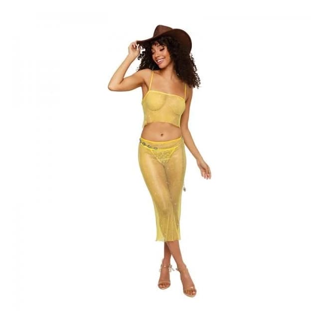 Dreamgirl Iridescent Rhinestone Embellished Fishnet Camisole and G-String Set Citrus, image 1