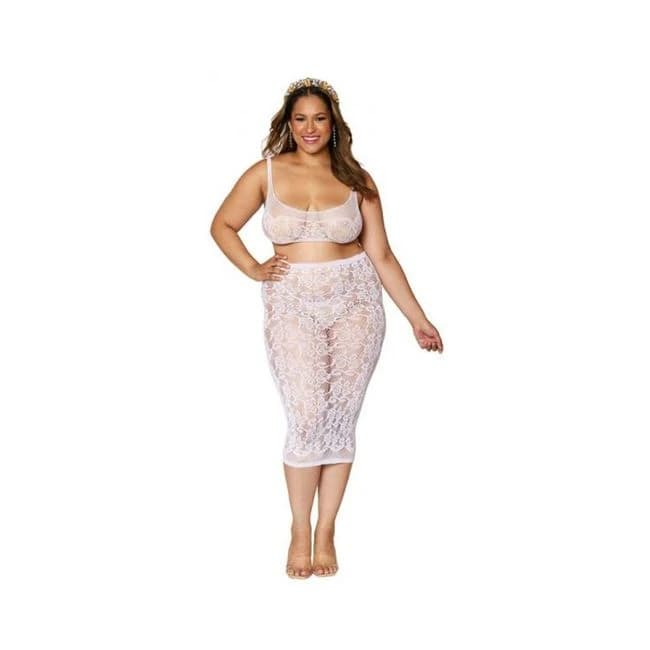 Dreamgirl Lace Fishnet Bralette & Slip Skirt White Queen Size, image 1
