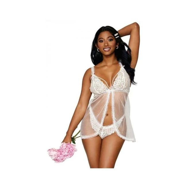 Dreamgirl Lace Mesh Babydoll with Pearl Accents & Lace Pearl G-String White O/S, image 1