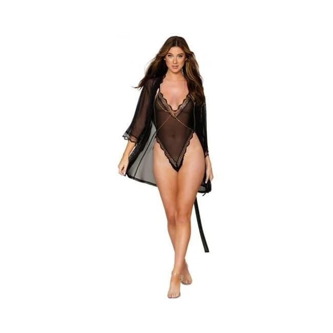 Dreamgirl Mesh Robe & Strappy Back Teddy with Lace Trim, image 1
