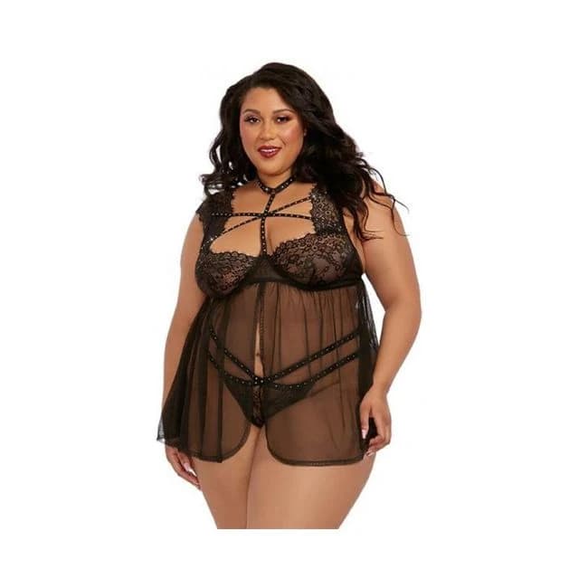Dreamgirl Plus-/size Lace Babydoll with Thong Black 1x Hanging, image 1