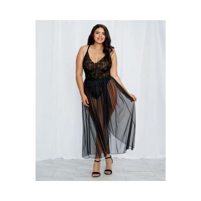 Dreamgirl Plus-Size Stretch Lace Teddy & Sheer Mesh Maxi Skirt with Adjustable Straps & G-String Bla, image 1