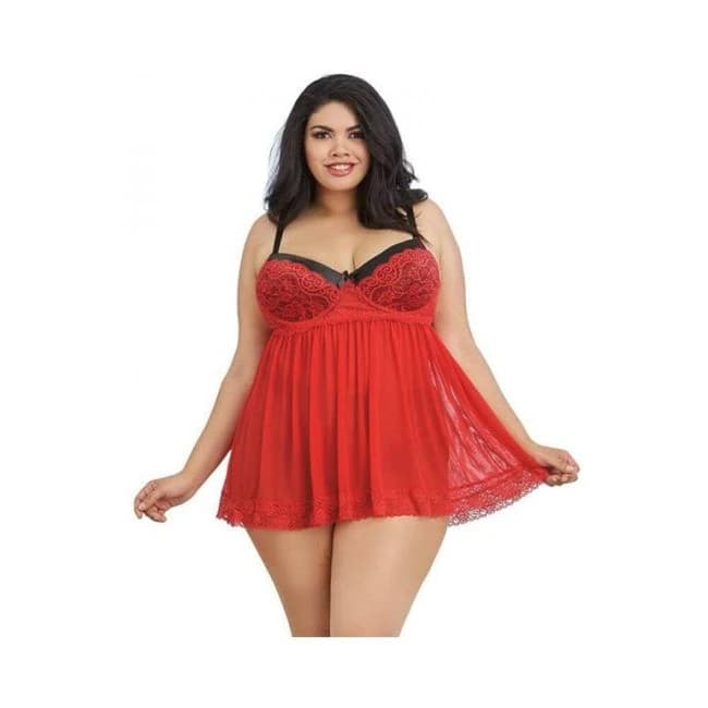 Dreamgirl Plus-Size Stretch Mesh and Lace Babydoll with Underwire Push-up Cups, G-String, and Lace O, image 1