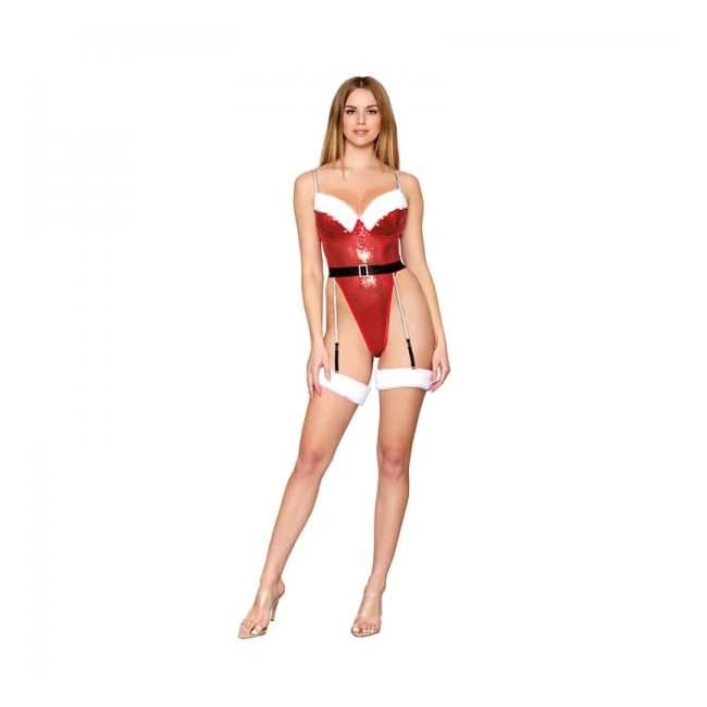 Dreamgirl Sequined and Faux-Fur Trimmed Santa Teddy with Rhinestone Studded Straps and Garters Ruby, image 1