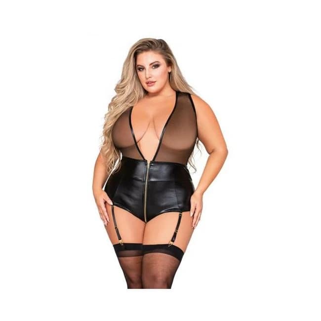 Dreamgirl Wetlook & Mesh Deep-V Zip-Front Gartered Teddy, image 1