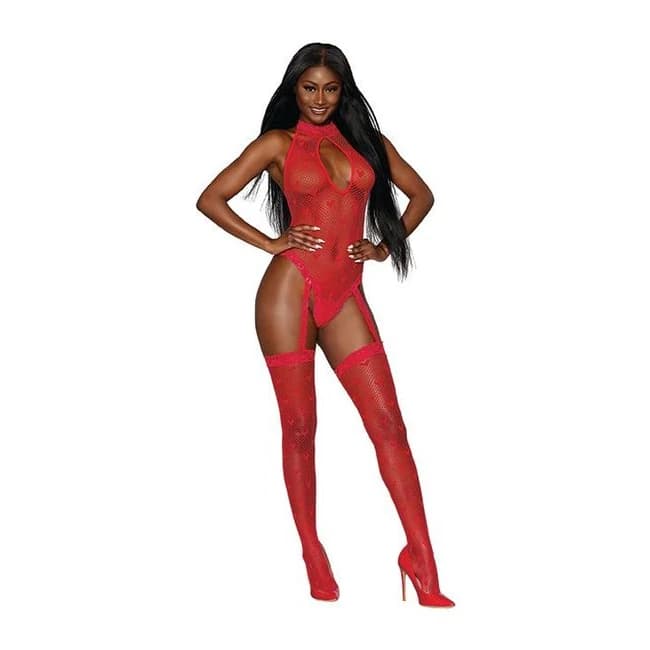 Seamless Heart Fishnet Bodystocking Lipstick Red O/S, image 1