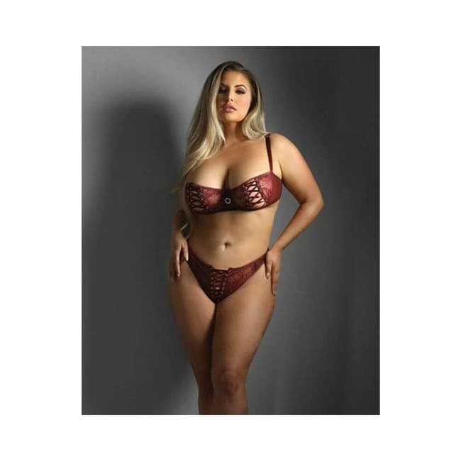 Edge Lace and Mesh Underwire Bra & Crotchless Panty w/ Lace-up Detail - Burgundy Qn, image 1