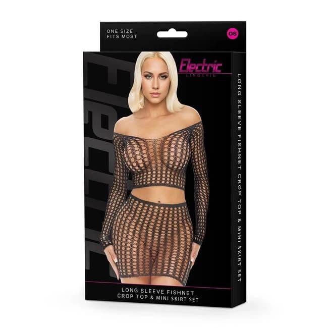 Electric Lingerie Long Sleeve Fishnet Crop Top & Mini Skirt Set O/S, image 1