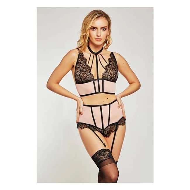Estrella Lace & Stretch Sateen Bra & Garter Set Pink/black, image 1