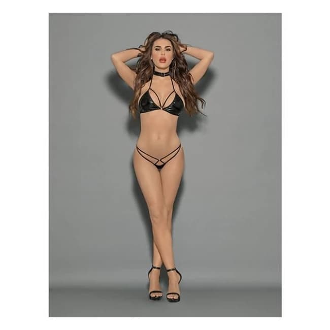 Euphoria Fetish Belt Choker, Vinyl Bra & Strappy G-String Black O/S, image 1
