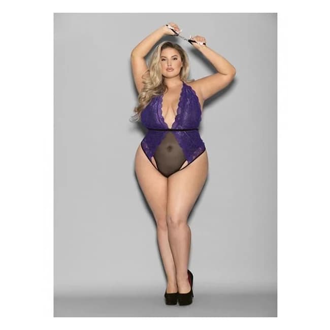 Euphoria Halter Lace & Mesh Teddy w/ Wrist Restraints Purple/black O/S, image 1