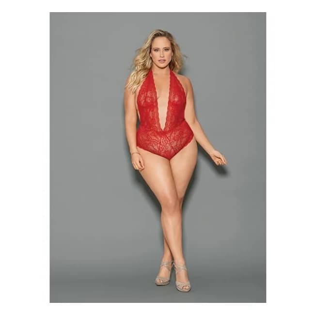 Euphoria Halter Tie Open Crotch & Butt Teddy Red Qn, image 1