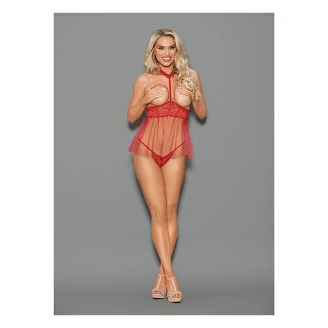 Euphoria Open Top Choker Attached Babydoll w/o Pen Crotch Panty Red O/S, image 1