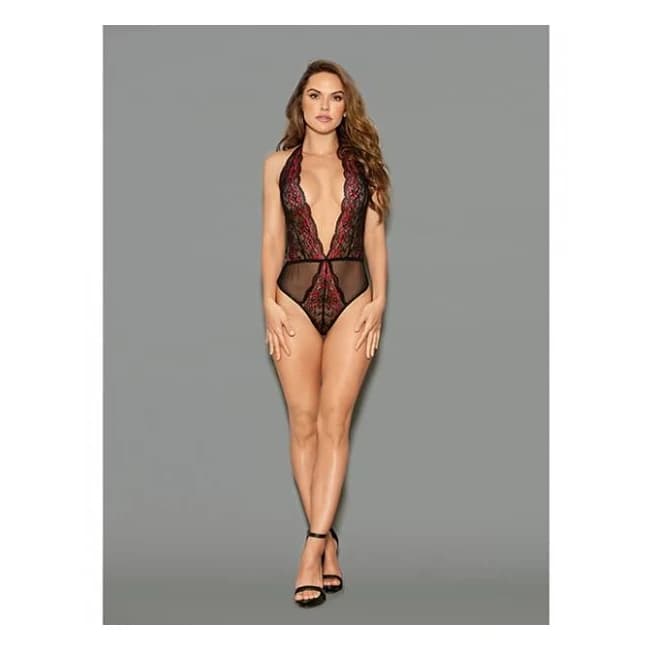 Euphoria Two Tone Lace Halter Crotch Closure Teddy Blk/red Qn, image 1