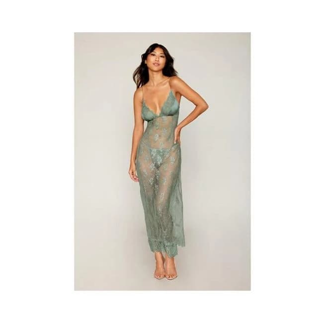 Eyelash Lace & Satin Long Chemise w/ G-string - Sage Green Md, image 1