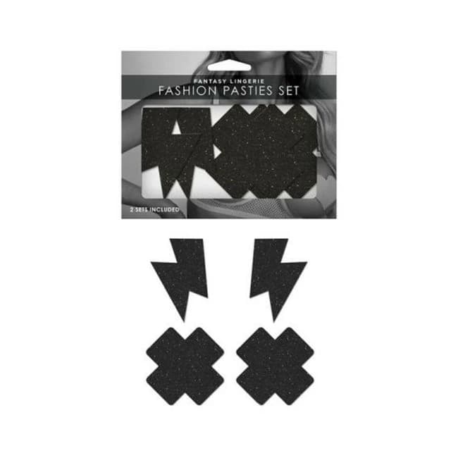 Fantasy Lingerie Black Glitter 2-Pair Pasties Set Lightning Bolt & Cross Shapes O/S, image 1