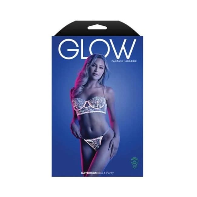 Fantasy Lingerie Glow Daydream Glow-in-the-Dark Embroidered Mesh Bra & Adjustable Thong S/M, image 1