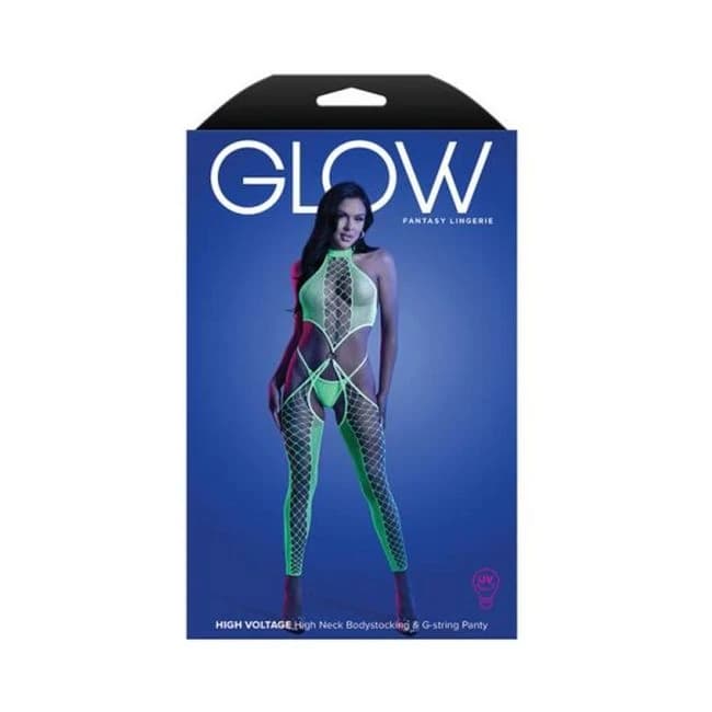 Fantasy Lingerie Glow High Voltage UV Reactive High Neck Bodystocking & G-String Panty O/S, image 1