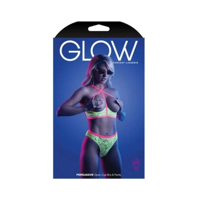 Fantasy Lingerie Glow Persuasive Contrast Elastic Open Cup Lace Cage Bra & Panty Neon, image 1