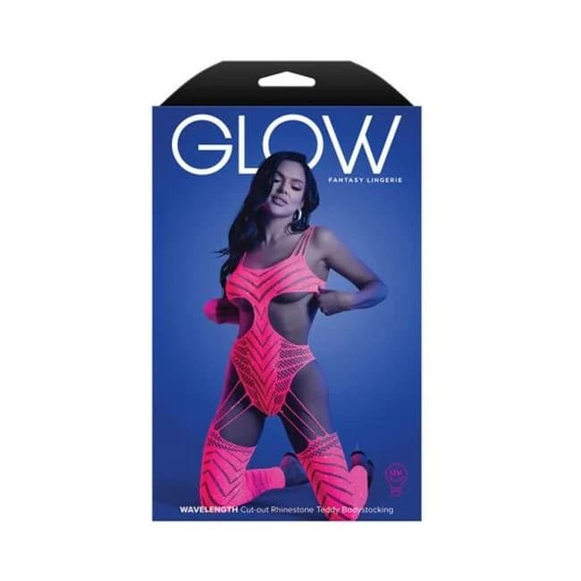 Fantasy Lingerie Glow Wavelength UV Reactive Rhinestone Fishnet Cut-Out Teddy Bodystocking Queen Siz, image 1
